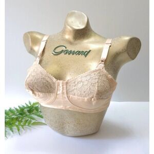 RARE 1950s Satin Peach Pinup Bra With Circle Stitching &‎ Lace Detail 34/36